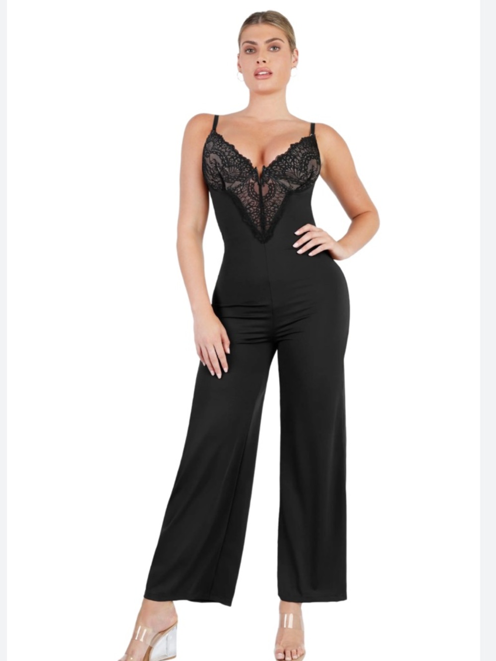 Popilush Shapewear Lace Deep V-Neck Sculpting Wide Leg Jumpsuit Sz L